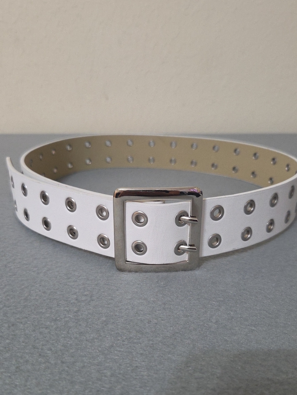 White Double-Row Grommet Faux Leather Belt with Silver Buckle - Small
